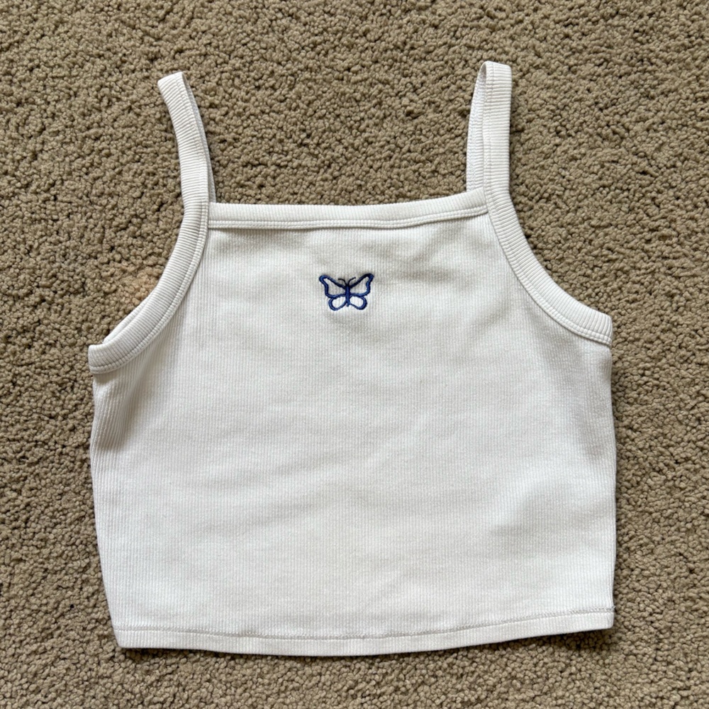 Garage White Tank Top with Blue Butterfly Embroidered Size S